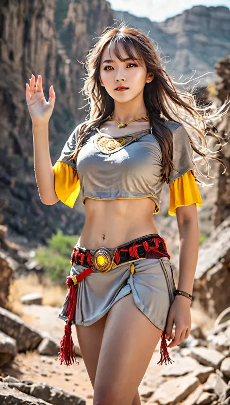 Bright Shot:1.3)A lone girl raider dressed in a spectacular realistic costume、Standing triumphantly with one hand raised、Her yellow eyes shine in the soft film light。Light grey non-transparent short sleeve top、It features an intricate design and transparen...