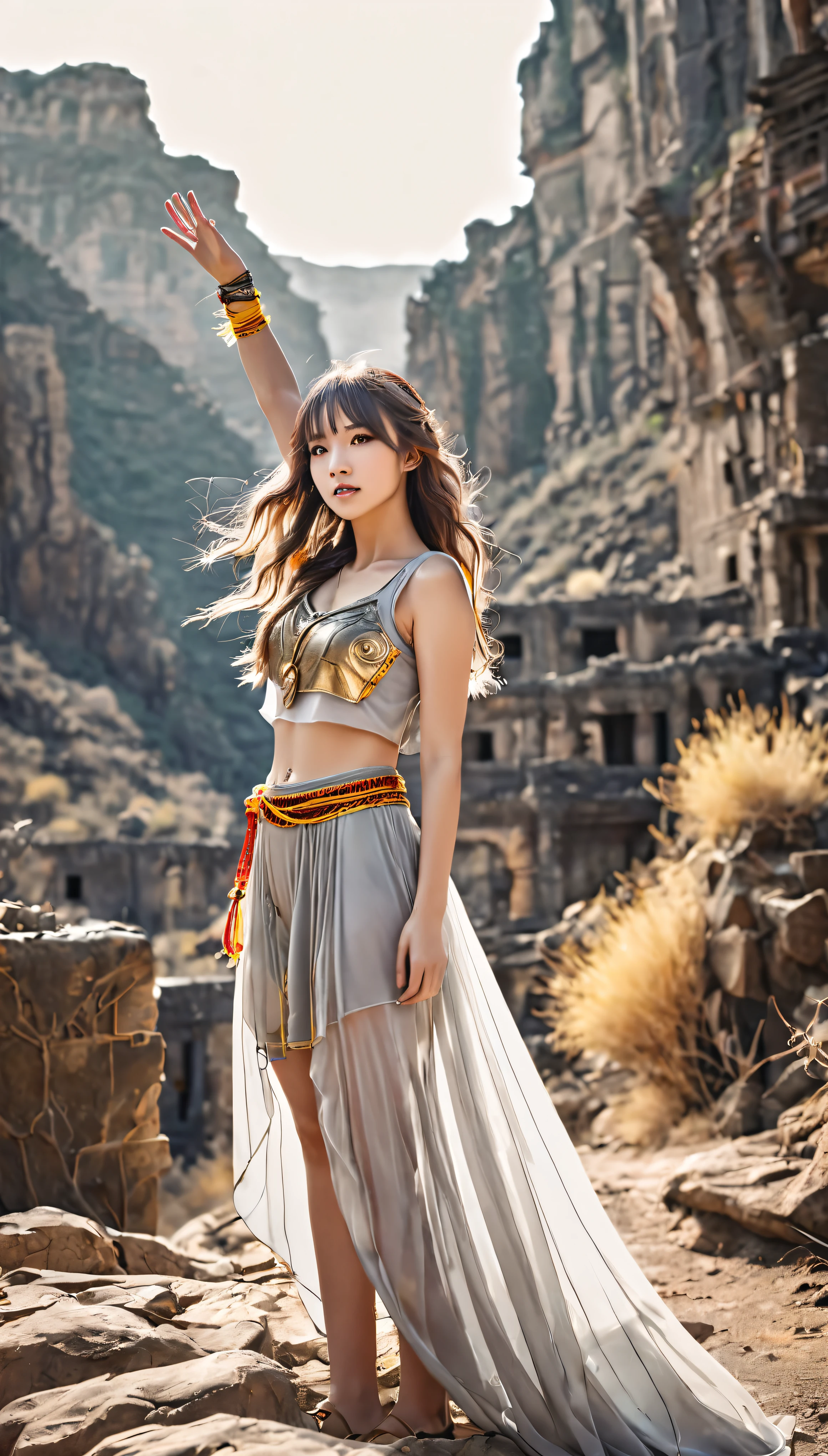 Bright Shot:1.3)A lone girl raider dressed in a spectacular realistic costume、Standing triumphantly with one hand raised、Her yellow eyes shine in the soft film light。Light grey non-transparent short sleeve top、It features an intricate design and transparent fabric at the waist.、You can see the red string strap.。Her long wavy hair cascading down her back、Fluttering in the wind。Aesthetically speaking、The scene is set in a wasteland and a canyon.、In the background there are ruins and n ruins。Bright shots、Adobe Lightroom、HDR、and enhanced using darkroom techniques、Increasing complexity