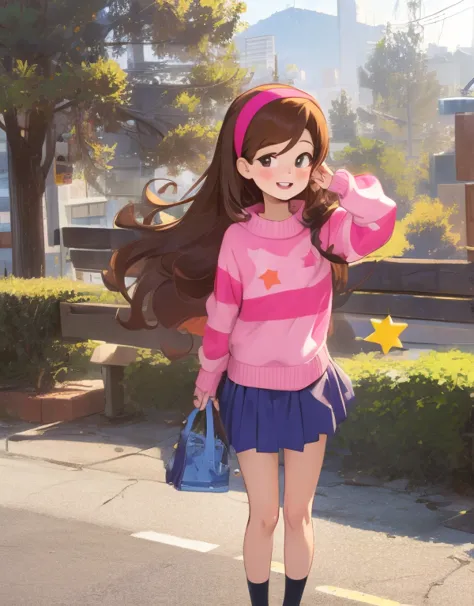 masterpiece，highest quality，high resolution，mabel pines，one girl，brown hair，long hair，hair band，smile，braces，view your viewers，s...