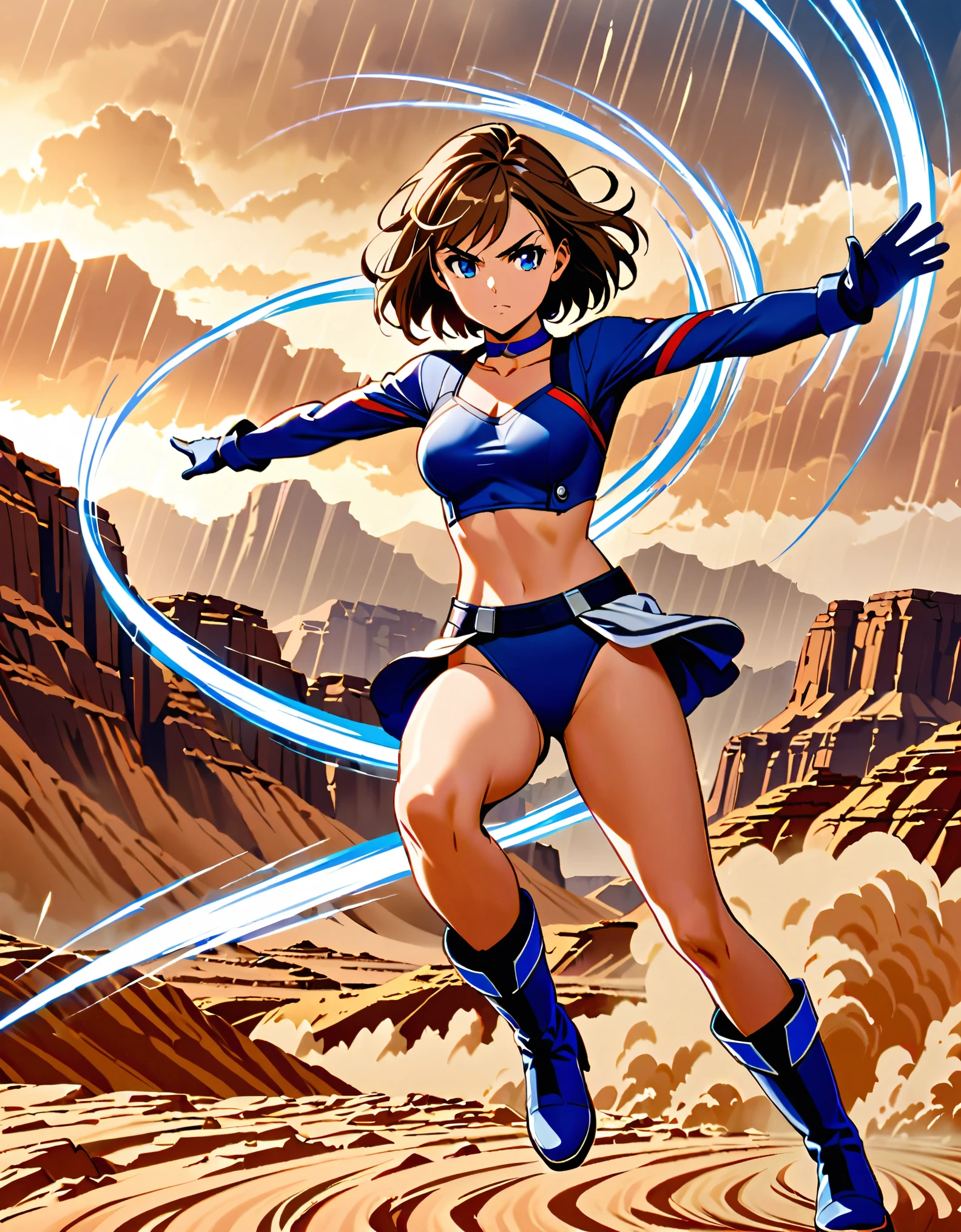 1girl, superhero, blue choker, blue eyes, blue footwear, blue gloves, boots, leotard, midriff, long sleeves, medium breasts, brown hair, knee boots, short hair, bob hair, solo, determined, full body, desert backdrop, sandstorm, college-age female. raised arms. She spins at an incredible speed, creating a whirlwind of air around her. She rotates her body in place at super speed. She spins fast in place like a tornado. Cyclone spinning. Rapid gyration. Tornado winds around her. She super-spins. Spiral lines around her body.
