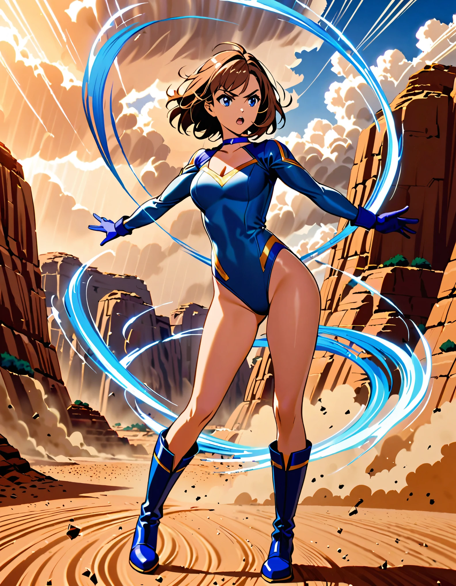 1girl, superhero, blue choker, blue eyes, blue footwear, blue gloves, boots, leotard, midriff, long sleeves, medium breasts, brown hair, knee boots, short hair, bob hair, solo, determined, full body, desert backdrop, sandstorm, college-age female. raised arms. She spins at an incredible speed, creating a whirlwind of air around her. She rotates her body in place at super speed. She spins fast in place like a tornado. Cyclone spinning. Rapid gyration. Tornado winds around her. She super-spins. Spiral lines around her body.