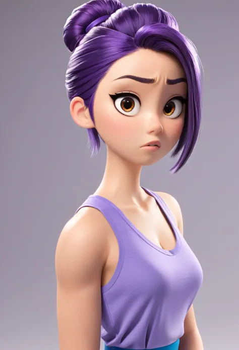 Une Japonaise de 14 ans, cheveux bleu en chignon, collier violet, Grey tank top, terrified, killed by agent 47 hitman Pixar, (be...