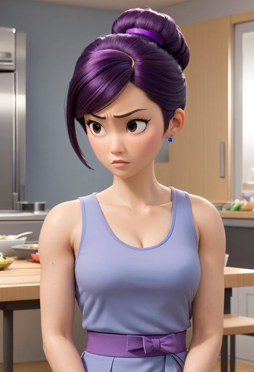 Une Japonaise de , cheveux bleu en chignon, collier violet, Grey tank top, terrified, killed by agent 47 hitman Pixar, (best quality, 4k, 8k, High resolution, chef-d&#39;artwork:1.2), Ultra-detailed, (Realistic, photoRealistic, photo-Realistic:1.37), portraits, Des couleurs vives, studio lighting