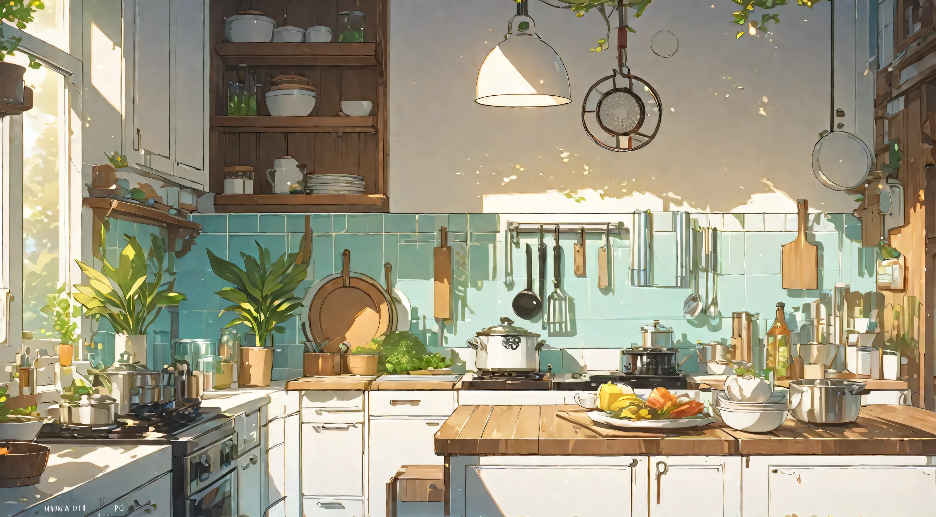 beautiful small kitchen, minimalistic, cozy kitchen, modern kitchen, sunny, white kitchen, minimalictic interior, masterpiece, makoto shinkai art style, miyazaki art style, storybook style, highly detailed, masterpiece, artstation