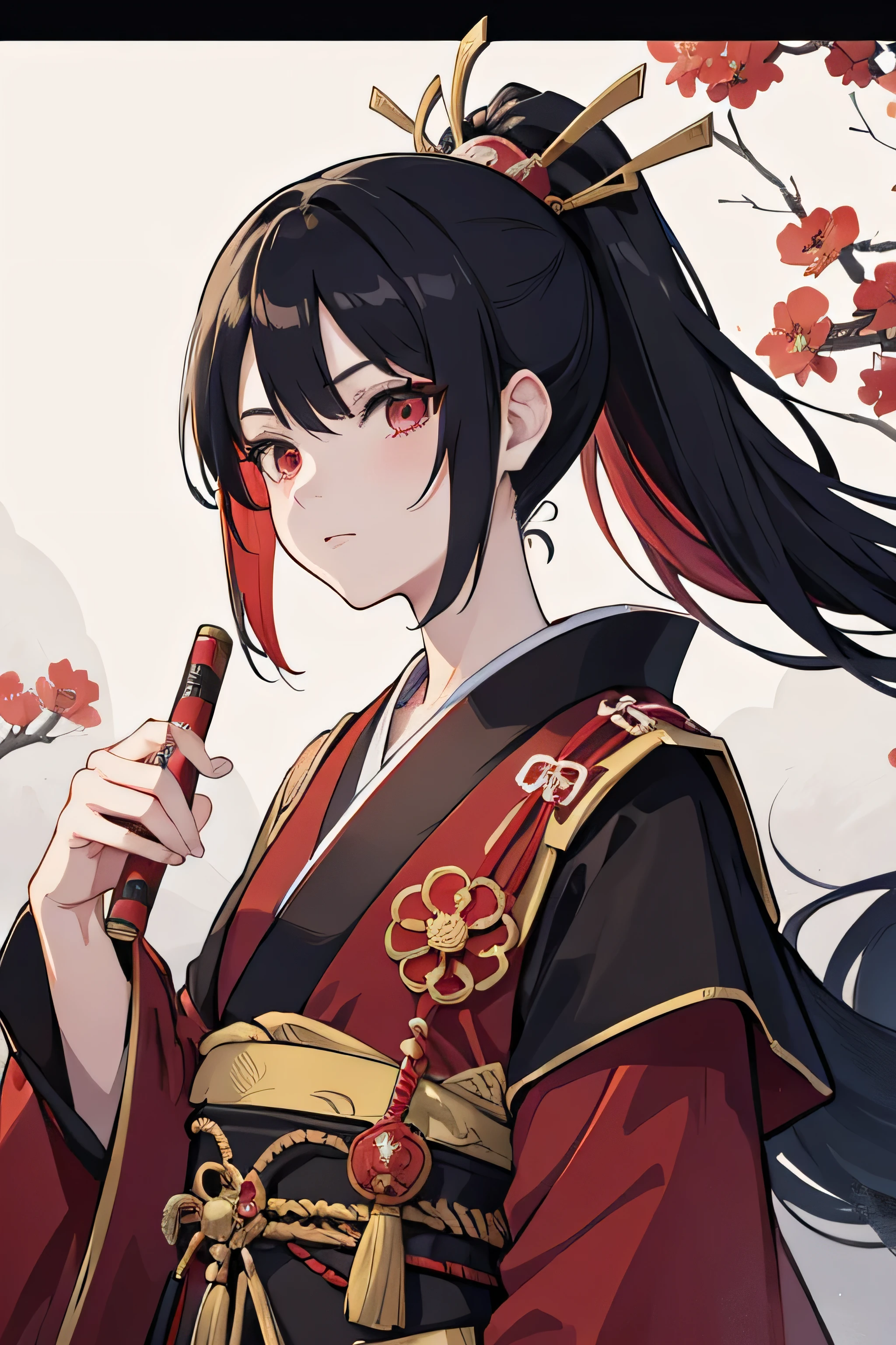 edo period japan, feudal Japan, anime character dressed in a red and black outfit with a red rose on her shoulder, female anime character, anime style character, anime character, ((wearing aristocrat robe)), white haired deity, onmyoji portrait, style anime, as an anime character, high quality anime artstyle, anime styled, detailed anime character art, young anime girl, red robe, ponytail