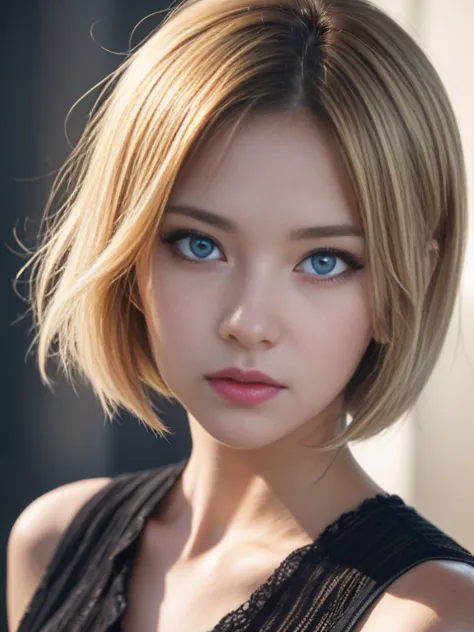 A girl with blue eyes and short bob blonde hair, photorealistic anime girl render, hyper realistic anime, 8K Portrait Rendering,...