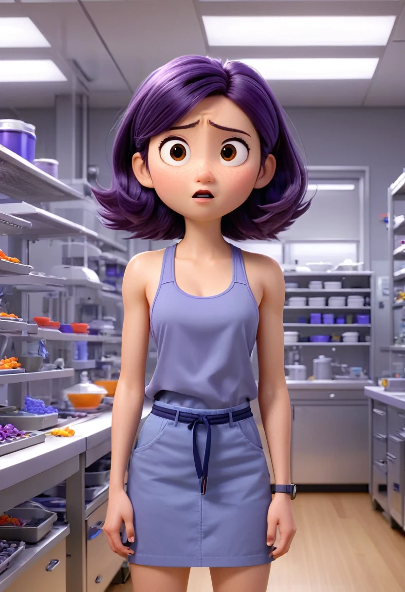 Une Japonaise de 14 ans, cheveux bleu, dark purple necklace, Grey tank top, terrified, scotcher au mur, jambe et bras, ne pouvant plus bouger, in a defective laboratory, style 3d Pixar, (best quality, 4k, 8k, High resolution, chef-d&#39;artwork:1.2), Ultra-detailed, (Realistic, photoRealistic, photo-Realistic:1.37), portraits, Des couleurs vives, studio lighting