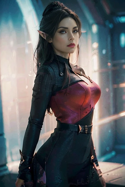 hyper realistic, 16k, best quality, masterpiece, (photorealistic:1.4), 1girl (mix vulcan/orion girl from star trek), elf. Pretty young. Dream aesthetic, goth makeup, red silky hair (realistic texture), pointed ears, realistic eyes, pale-green skin, illuminated skin, realistic shading, (modern) black gothic dress (realistic textures), big hips, tights. waist up, dramatic lighting, from below, front, front view, multiple different poses at different angles, glowing skin, front, back lighting, athletic figure, muscular female, curvy, wide hips, colorful, looking at viewer, Hyperrealistic, gradient background, dark background, outline, cinematic lighting, (chromatic aberration, intricate details)