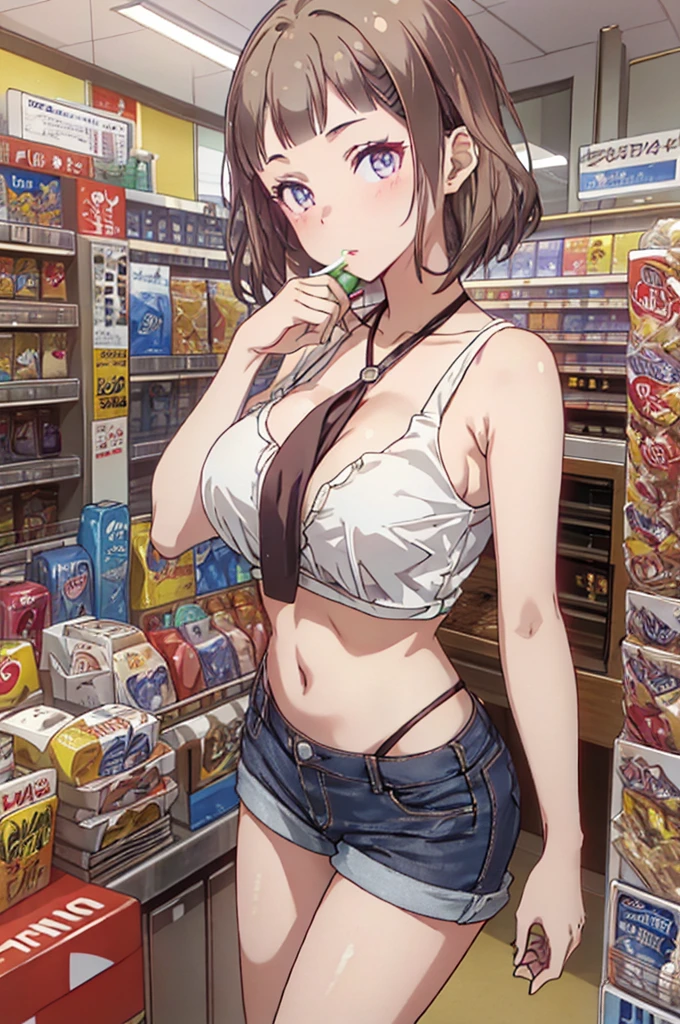 (masterpiece, Best Quality, ultra-detailed, high resolution, extremely detailed CG, official art, Professional Lighting, Perfect Anatomy, anime colors), (from below), looking at viewer, cowboy shot, perfect body, 24yo beautiful 1girl, medium hips, glamorous body,a small face,beautiful-makeup,Makeup light,Shortcut Hair,dark brown hair、Bust b Cup, Amazing Cleavage, thin waist, big ass, Raised sexy, big breast: 1.2 posed cleavage:1.2, (off shoulders,Sportsbra,legginullnude), micro denim shorts, bare legs, nail_polish, pale skin, Waiting friend, (morning:1.5), tokyo, (convenience store:1.3), outdoor, (depth of field:1.3), contrapposto, (Hold a coffee in your hand:1.3),delicate beautiful face, Bright magenta eyes, cute eyes, sparkling eyes, Big eyes, (big breasts:1.3), (perky chest:1.1), (pointed chest:1.3), looking at viewer,
