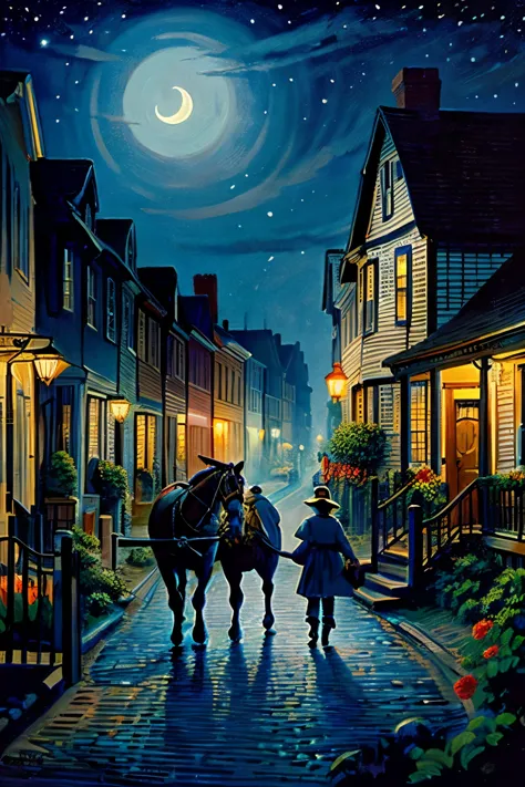 (midnight ride of paul revere, small town, painted, grant, illustration, classic art, detailed, traditional, american, night sce...