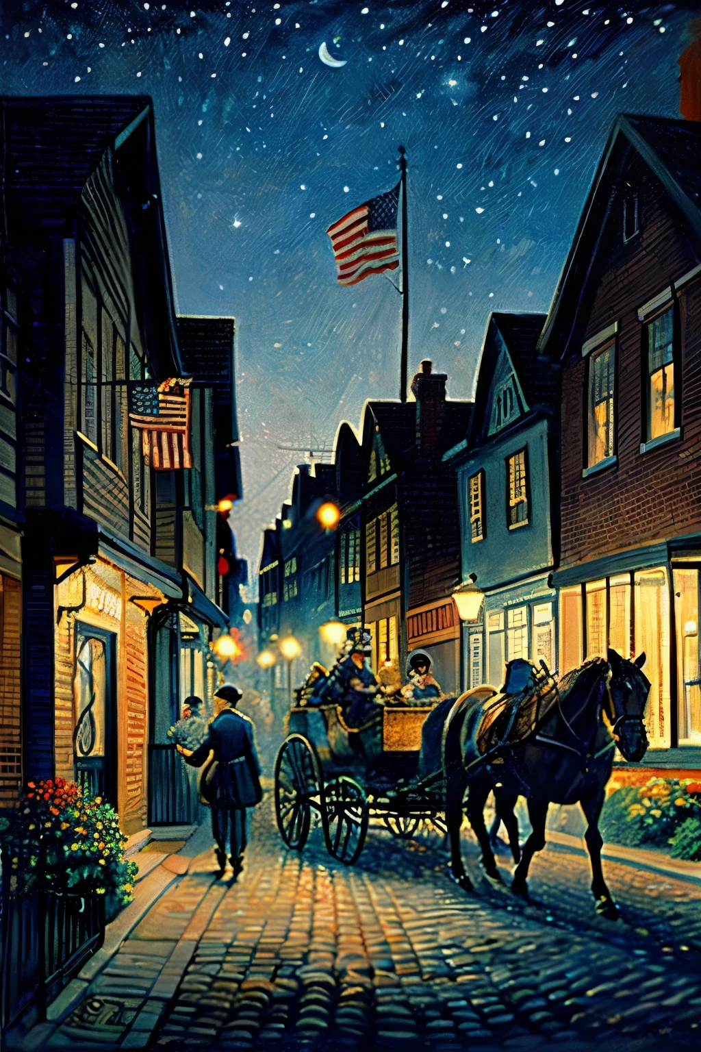 (midnight ride of paul revere, small town, painted, grant, illustration, classic art, detailed, traditional, american, night scene, moonlight, patriotic colors, vibrant, village, quiet, peaceful, historical, old-fashioned architectural details, vivid colors)