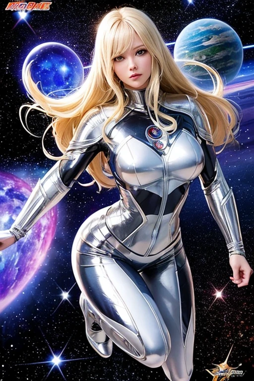 Meilleure qualité, chef-d&#39;œuvre, super héros de l&#39;espace femme, Beau visage,tout le corps,armure de haute technologie sur combinaison en latex argenté, cheveux blonds longs et bouclés,voler en pose de super héros dans l&#39;espace lointain, avec plusieurs planètes et soleils en arrière-plan
