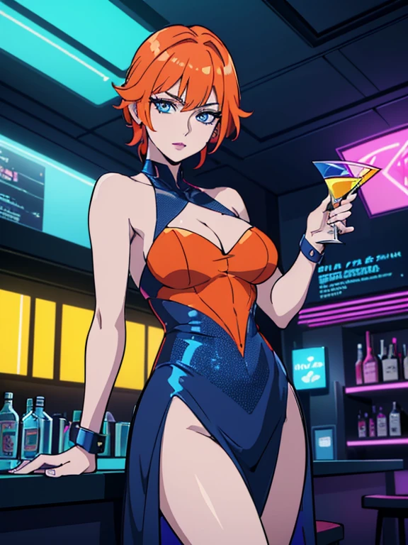 (best quality, highres, ultra-detailed, realistic:1.37), 1girl, solo, ((32 years old, wearing a blue sequin dress, medium breasts, short orange hair, pony tail styled hair, pale skin, natural makeup, perfect model body:1.3, detailed blue eyes:1.5, beautiful detailed lips, extremely detailed face, long eyelashes, looking at the viewer, holding a martini glass)), sci-fi, digital art, futuristic coloring, vibrant lighting, (Background: Indoors, night club, bar, neon lights, futuristic, Sci-Fi, cyberpunk theme, futuristic technology in the background)