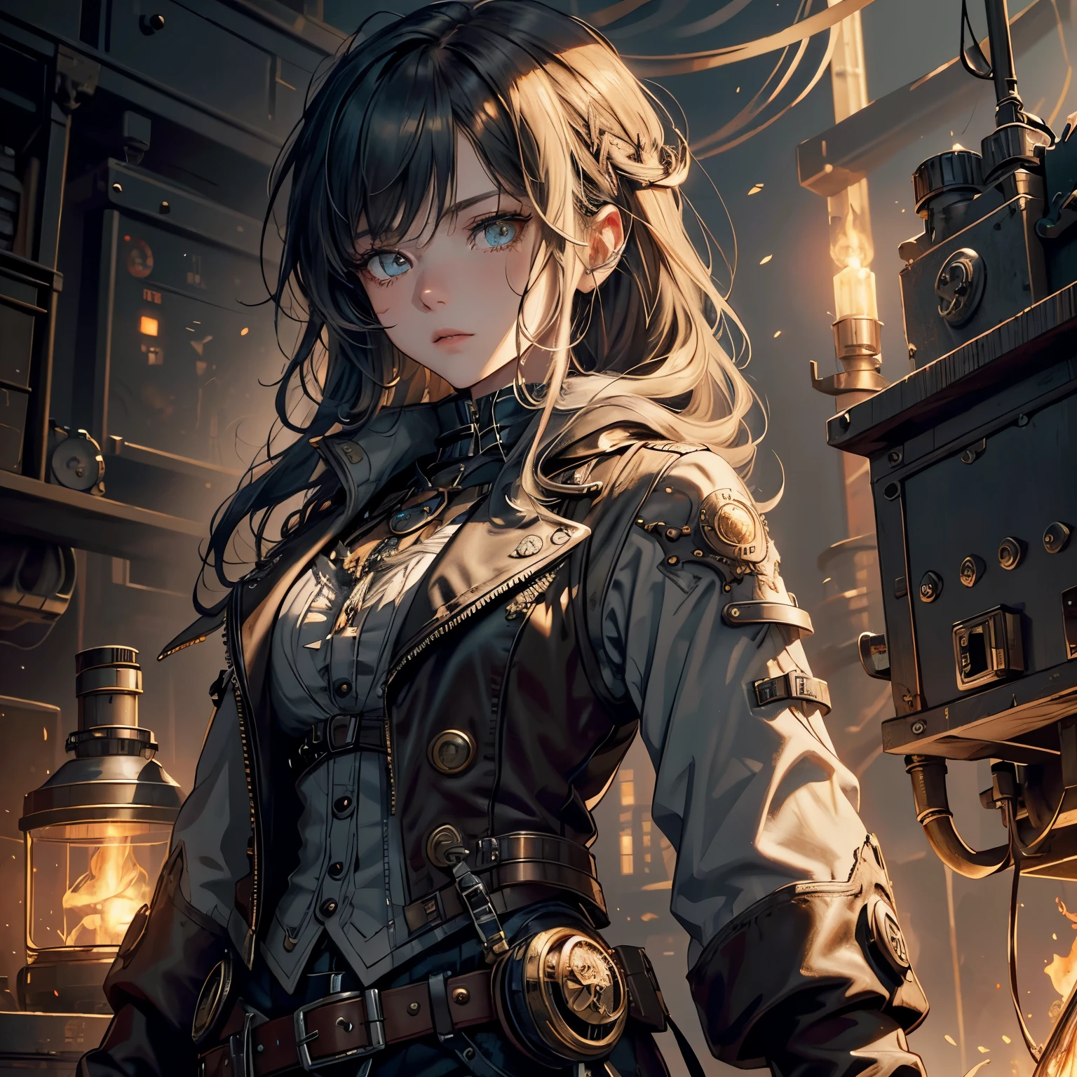 (absurdres, highres, ultra detailed), 1woman, mature female, aged up, wavy long hair, split-color hair, heterochromia, bangs, long sleeves, finely detailed eyes and detailed face, extremely detailed CG unity 8k wallpaper, intricate details, (style-rustmagic:0.8), (medieval cyborg:0.8), portrait, (bloody wounds:0.7), looking at viewer, solo, half shot, detailed background, (steampunk theme:1.1) determined expression,  dark couds technomancer, floating lights, color leather vest with gears, techwear,  jetpack,   workshop in background, machines, gears, steam, industry, technology, furnace, grime, anvil,  buttons, levers,  automaton,  electricity, electric sparks epic atmosphere,, portrait