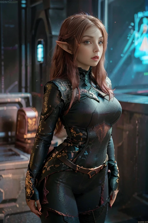 hyper realistic, 16k, best quality, masterpiece, (photorealistic:1.4), 1girl (alternative elf), Pretty young, Dream aesthetic, solo, red silky hair (realistic texture), pointed ears, realistic eyes, pale-green skin, illuminated skin, realistic shading, (modern) black gothic dress (realistic textures), big hips, tights. waist up, dramatic lighting, from below, front, front view, multiple different poses at different angles, glowing skin, front, back lighting, athletic figure, muscular female, curvy, wide hips, colorful, looking at viewer, Hyperrealistic, gradient background, dark background, outline, cinematic lighting, (chromatic aberration, intricate details)