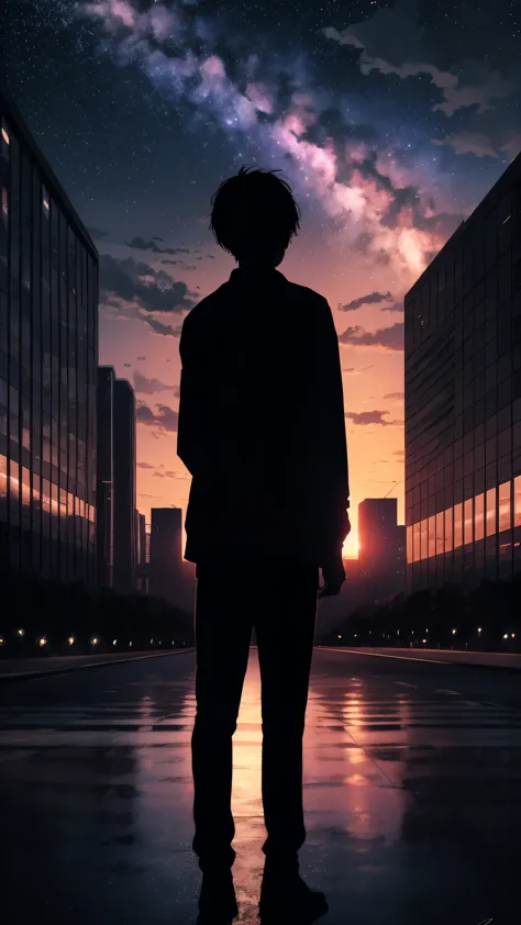 Anime,silhuette,1boy, Star (skyporn), cloud, Cityscape, building, city, Outdoors, Skyscraper, City lights, Night, nigh sky, Suns...