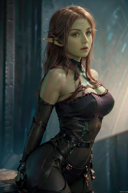 hyper realistic, 16k, best quality, masterpiece, (photorealistic:1.4), 1girl (alternative elf), Pretty young, Dream aesthetic, solo, red silky hair (realistic texture), pointed ears, realistic eyes, green skin, illuminated skin, realistic shading, (modern) black gothic dress (realistic textures), big hips, tights. waist up, dramatic lighting, from below, front, front view, multiple different poses at different angles, glowing skin, front, back lighting, athletic figure, muscular female, curvy, wide hips, colorful, looking at viewer, Hyperrealistic, gradient background, dark background, outline, cinematic lighting, (chromatic aberration, intricate details)