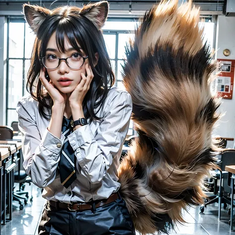 A woman in a business suit with a raccoon&#39;tail, software version, pov fur art, 毛深い尻tail, fur art, 尻tailのある毛皮の動物, (SFW) Workp...