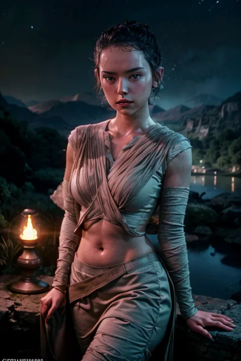 attractive woman, rey from star wars, posing for picture, short hair, (hourglass midriff, voluptuous), off-shoulder black robe, ...