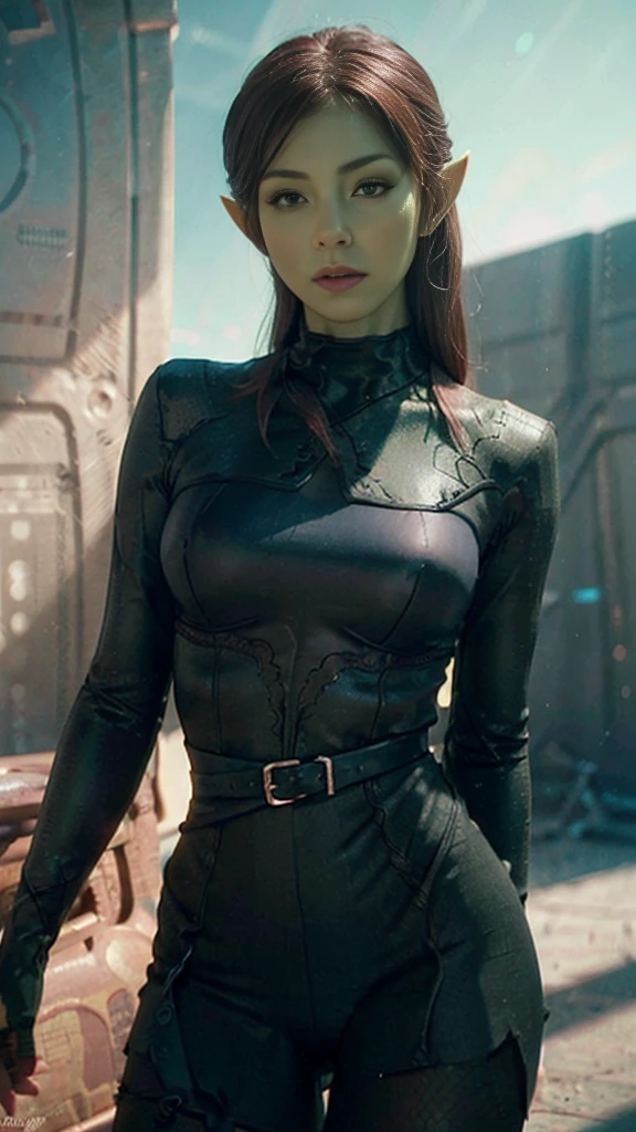 hyper realistic, 16k, best quality, masterpiece, (photorealistic:1.4), 1girl (alternative elf), Pretty young, Dream aesthetic, solo, red silky hair (realistic texture), pointed ears, realistic eyes, green skin, illuminated skin, realistic shading, (modern) black gothic dress (realistic textures), big hips, tights. waist up, dramatic lighting, from below, front, front view, multiple different poses at different angles, glowing skin, front, back lighting, athletic figure, muscular female, curvy, wide hips, colorful, looking at viewer, Hyperrealistic, gradient background, dark background, outline, cinematic lighting, (chromatic aberration, intricate details)