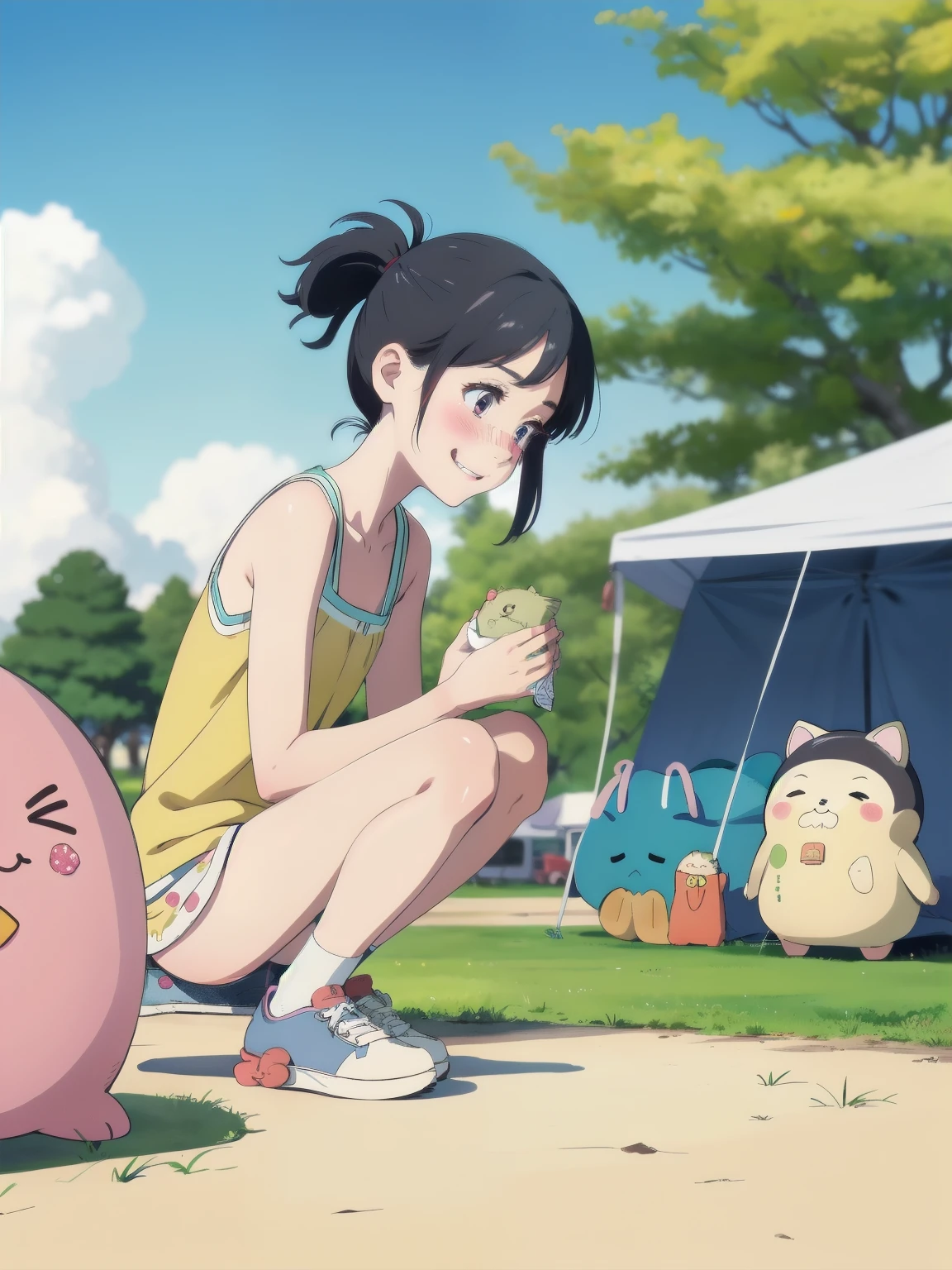 (super flat, flat shading), 1 girl，, , , Holding and showing panties，take up，baby face，Very short stature，very small flat chest，Very flat chest that looks like it might expand，very thin limbs，sneakers， camp site， (White Sumikko Gurashi printed panties:1.2), Pee stains:1.2，round glasses，Spring break，smile，blush，A little embarrassed，spring，Cherry tree，blue sky，bright，Low - Angle，Bright color，watercolor，ghibli style，accurate and detailed female fingers，