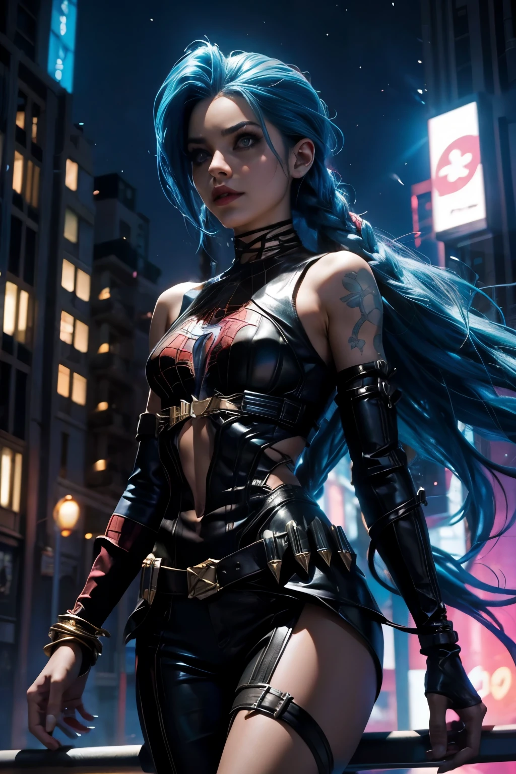 淺藍色皮毛的金克絲, 打扮成蜘蛛俠. 超級女英雄. 大都會夜景
