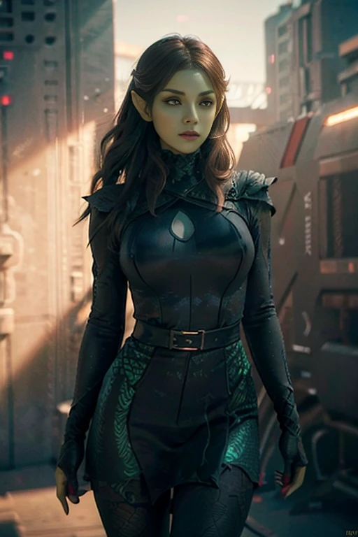 hyper realistic, 16k, best quality, masterpiece, (photorealistic:1.4), 1girl (alternative elf), Pretty young, Dream aesthetic, solo, long volumous red silky hair (realistic texture), pointed ears, realistic eyes, green skin, illuminated skin, realistic shading, (modern) black gothic dress (realistic textures), big hips, tights. waist up, dramatic lighting, from below, front, front view, multiple different poses at different angles, glowing skin, front, back lighting, athletic figure, muscular female, curvy, wide hips, colorful, looking at viewer, Hyperrealistic, gradient background, dark background, outline, cinematic lighting, (chromatic aberration, intricate details)