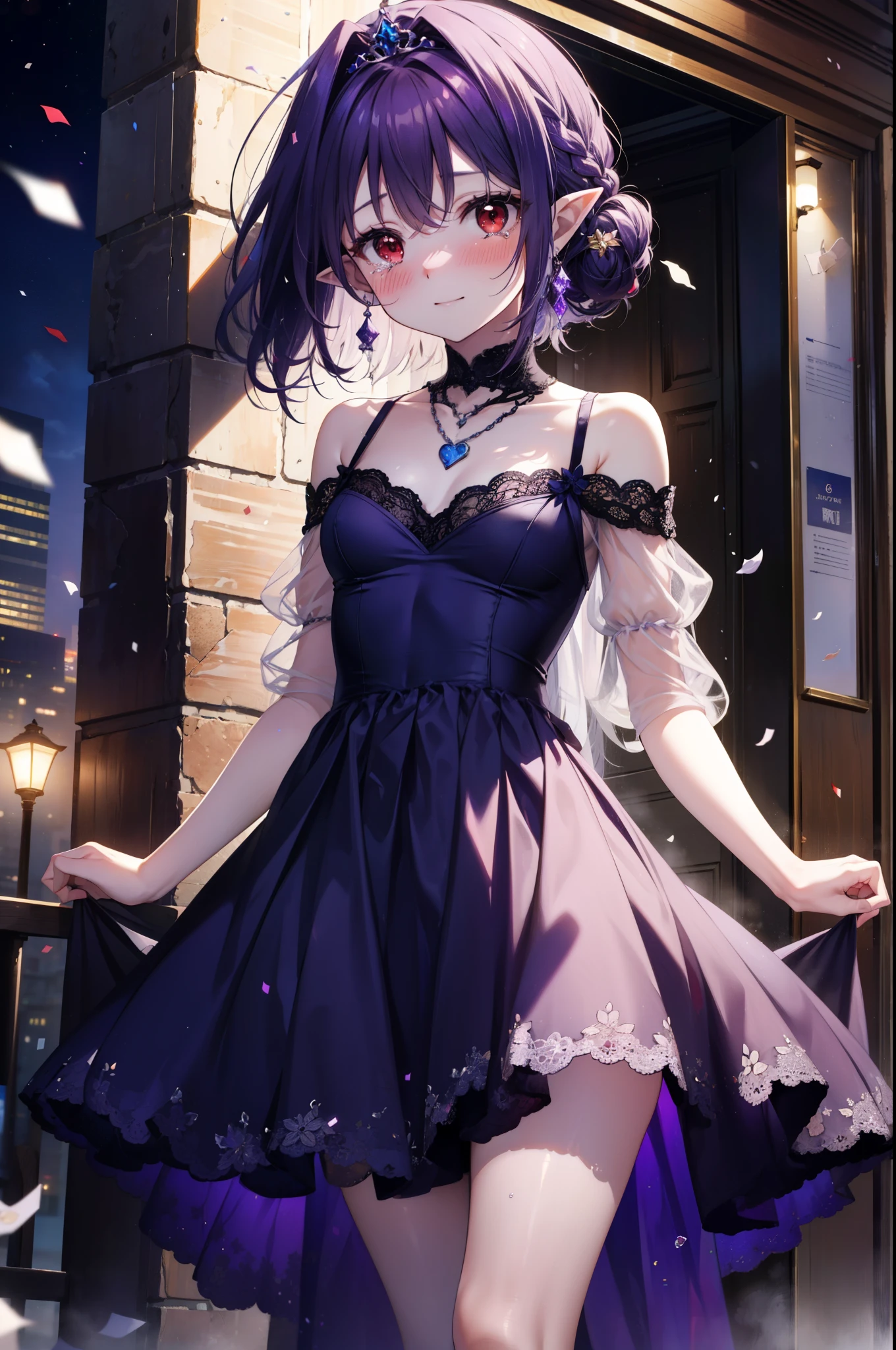 yuukikonno, Yuki Konno,Long Hair, tiara,Pointy Ears, Purple Hair, (Red eyes:1.5), (Small breasts:1.2), smile,Purple Dress,Purple long skirt,purple stiletto heels,No sleeve,Expose your shoulders,Bare arms,Bare neck,bare clavicle,Purple Hair is wearing a wedding ring on her left hand., was presented before him,Heart Necklace,Tears stream down her face,Tears of joy,I cry a lot,Confetti,Romantic night view,moonlight,
BREAK outdoors, hill,
BREAK looking at viewer, (Cowboy Shot:1.5),
BREAK (masterpiece:1.2), highest quality, High resolution, unity 8k wallpaper, (shape:0.8), (Beautiful details:1.6), Highly detailed face, Perfect lighting, Highly detailed CG, (Perfect hands, Perfect Anatomy),