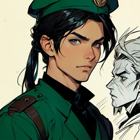 (manga style,concept art),young man with black hair ,Soldier hat