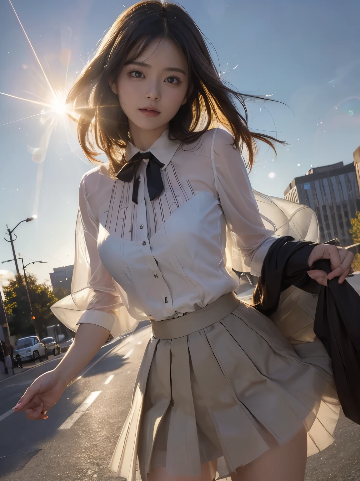 (a westerner woman), round face, (((see-through sunlight her clothes, blouse, skirt))), spread legs, angle from below, (((lens flare))), strong sunlight, downtown, on the sidewalk,