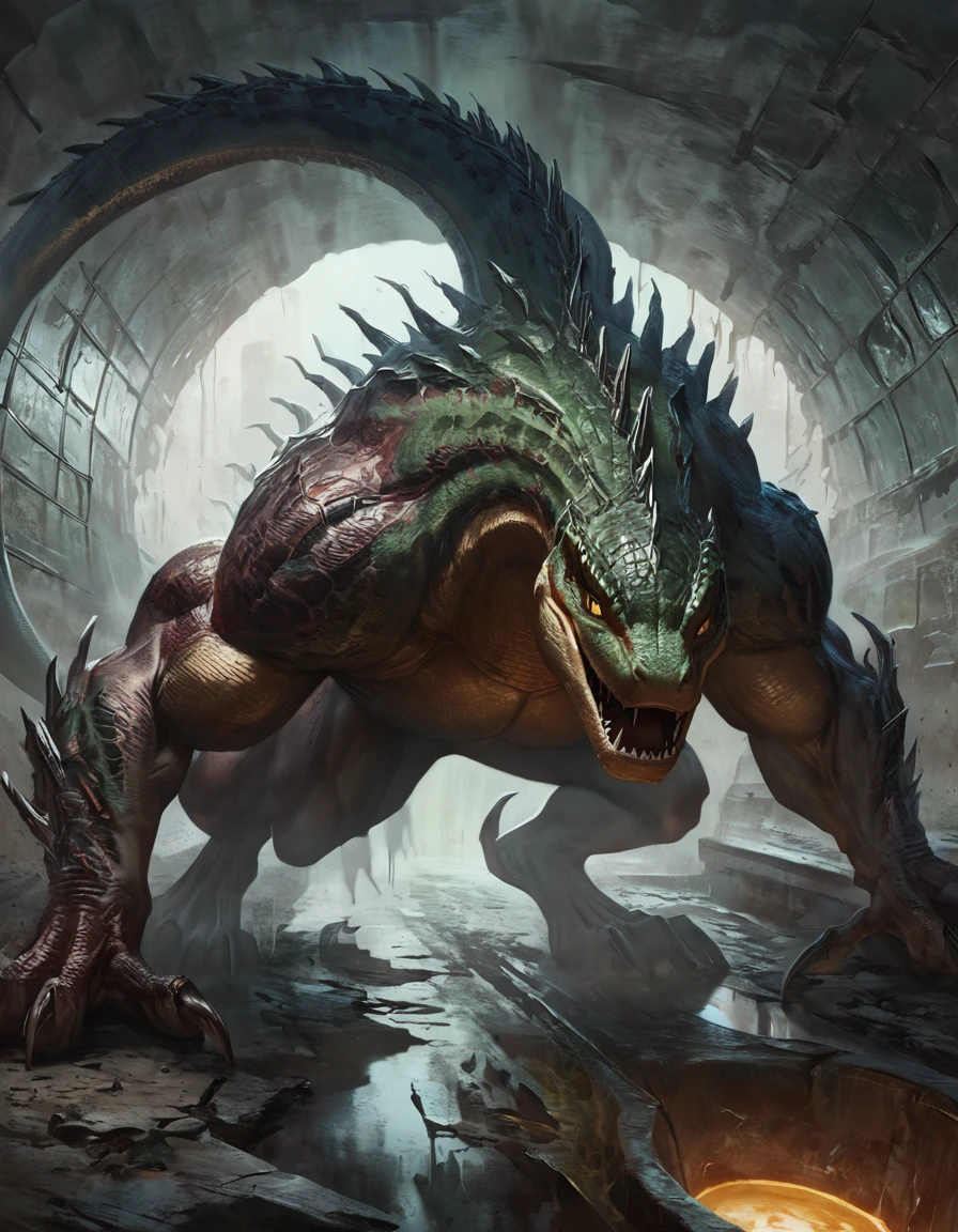 The lizard from spiderman, muscular, sewer, torn pants, torn lab coat, spiked back, feral, ferocious, concept art, hi res, masterpiece, absurd res, 2023, extreme detail, solo, 