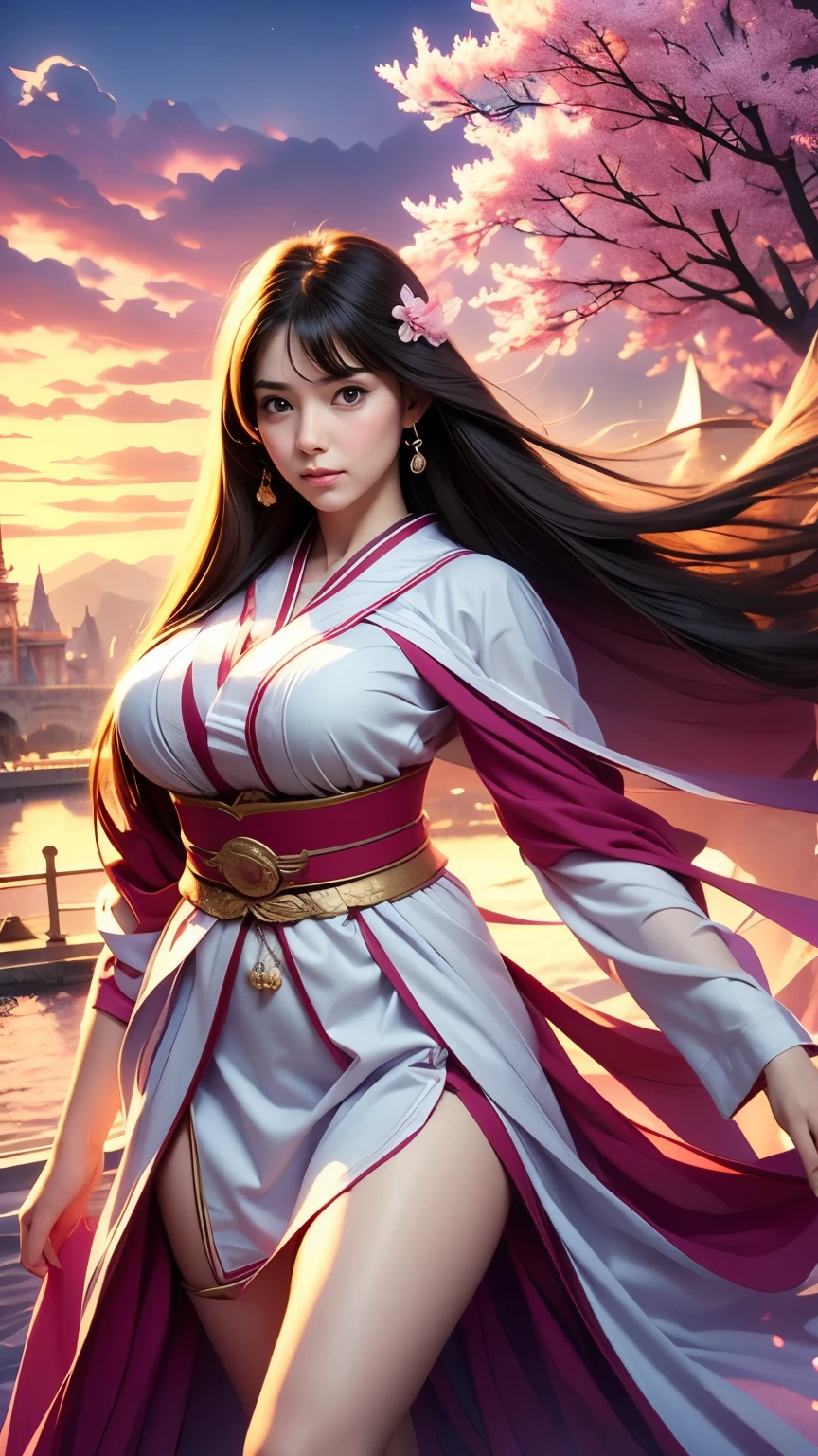 8k, Ultra HD, masterpiece, High-quality color, 1 girl, Perfect Face, Very long hairs, Fine grain, Simple clothing, Purple clothes, stockings, race, sardine, strip, Net clothing, loop, Bare waist, jewelry, Waterfront, Realistic landscape, Spectacular views, sunrise, evening, cloud, butterfly, Cherry Blossom, Blowing Wind, Perfect pose,