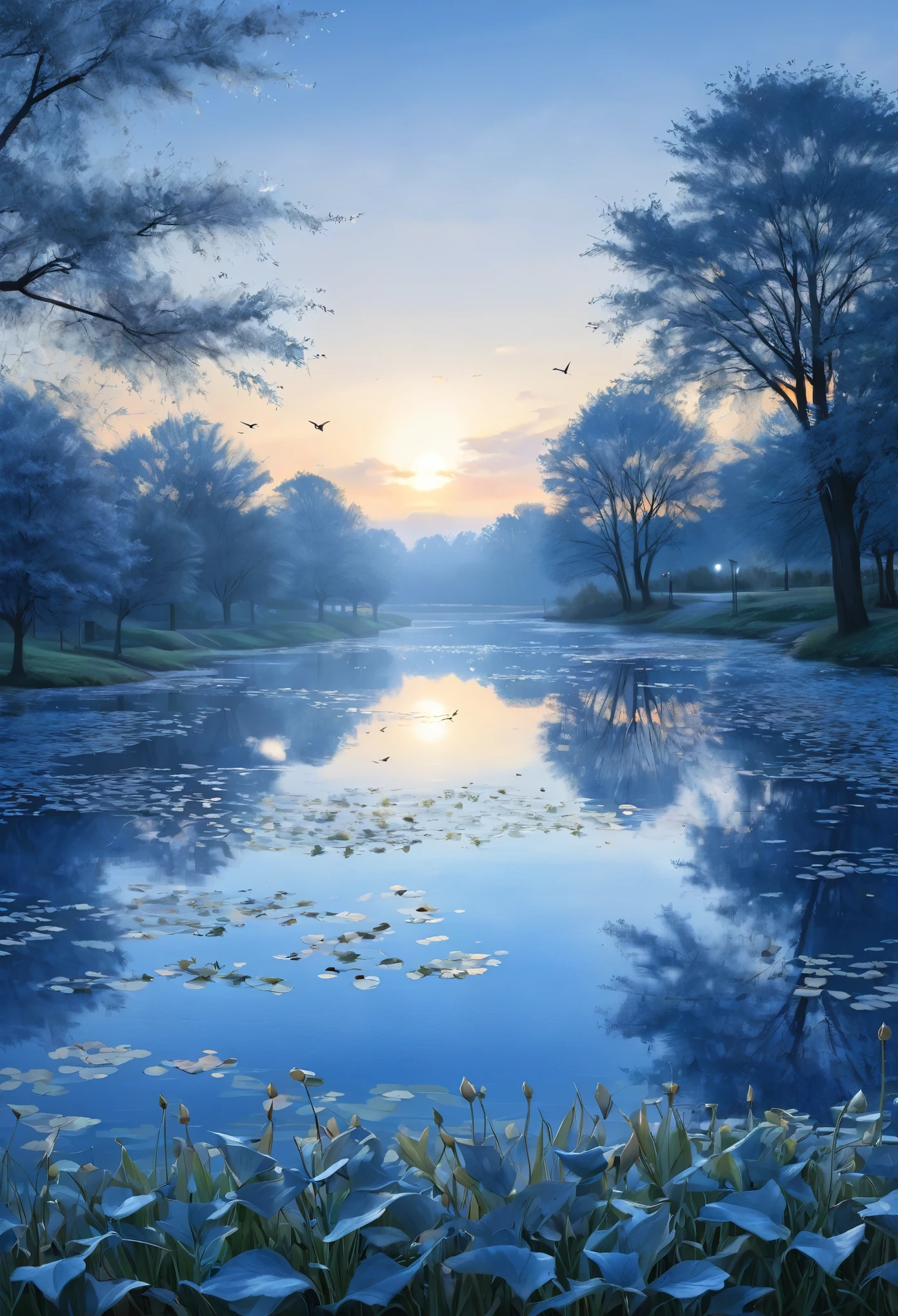 World, crowd, us, dawn and dusk, blue morning, distant hometown, once upon a time, sunny, youthful, blue morning, gray leaves, pond, evening breeze, distant light,(masterpiece, best quality:1.2), extremly detailed