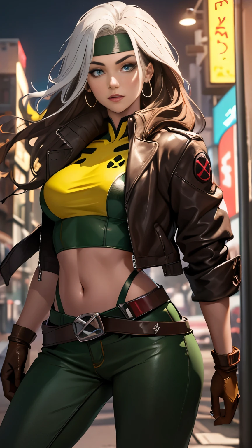 (Highly quality, masterpiece, detailed), night city detailed scenario, night city detailed background, 20 years old girl, solo, multi colored hair, white hair, brown hair, Superhero, Rogue, Xtreme, blue eyes, jacket, open clothes, belt, open jacket, headband, cropped legs, leather, leather jacket, green pants, yellow pants, yellow leather top, green leather top, crop top, navel, perfect face, beautiful eyes, perfect eyes, looking at the viewer, Sexy pose