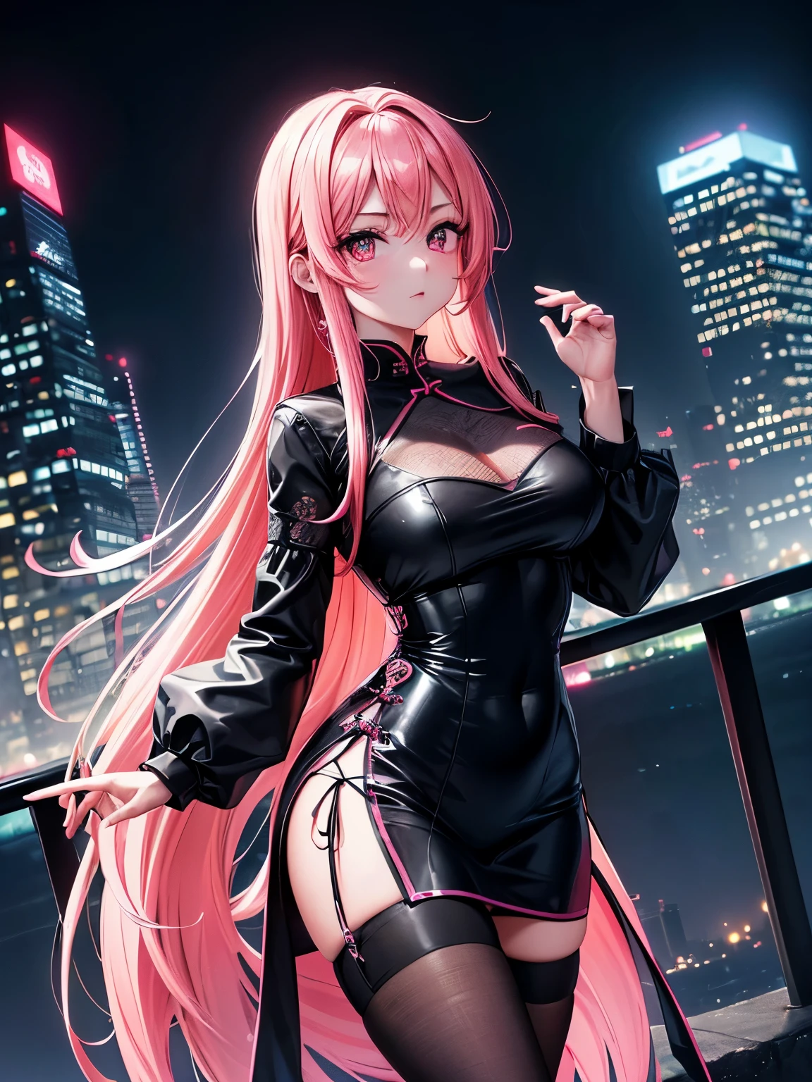 アニメ, (work of art, best qualityer, ultra detali, hight contrast), 1womanl (standing alone, whole body, corpo plus size, standing on the edge of the skyscraper, silver hair, LONG in a ponytail, bright ruby red eyes, (qipao preto, black cybernetics with neon pink), black transparent socks), (skyscraper roof, overlooking a city, detailed back ground ((night time, Darkness, low light pollution)))