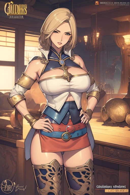 Cowboy Shot,(Golden Ratio,Tabletop, highest quality, highest quality, Official Art, beautifully、aesthetic:1.2), Very detailed, colorful,Best details,An illustration, Fantastic scene, (adult,19 years old,One Girl, alone, Final Fantasy 12,Asheria, short hair, short hair,Asheria Costume, huge , mini skirt,Knee socks, Thighs Thighs Thighs Thighs, gem, Blue Belt,One number on the belt),Course of action, Contemptuous look , Hands on hips、