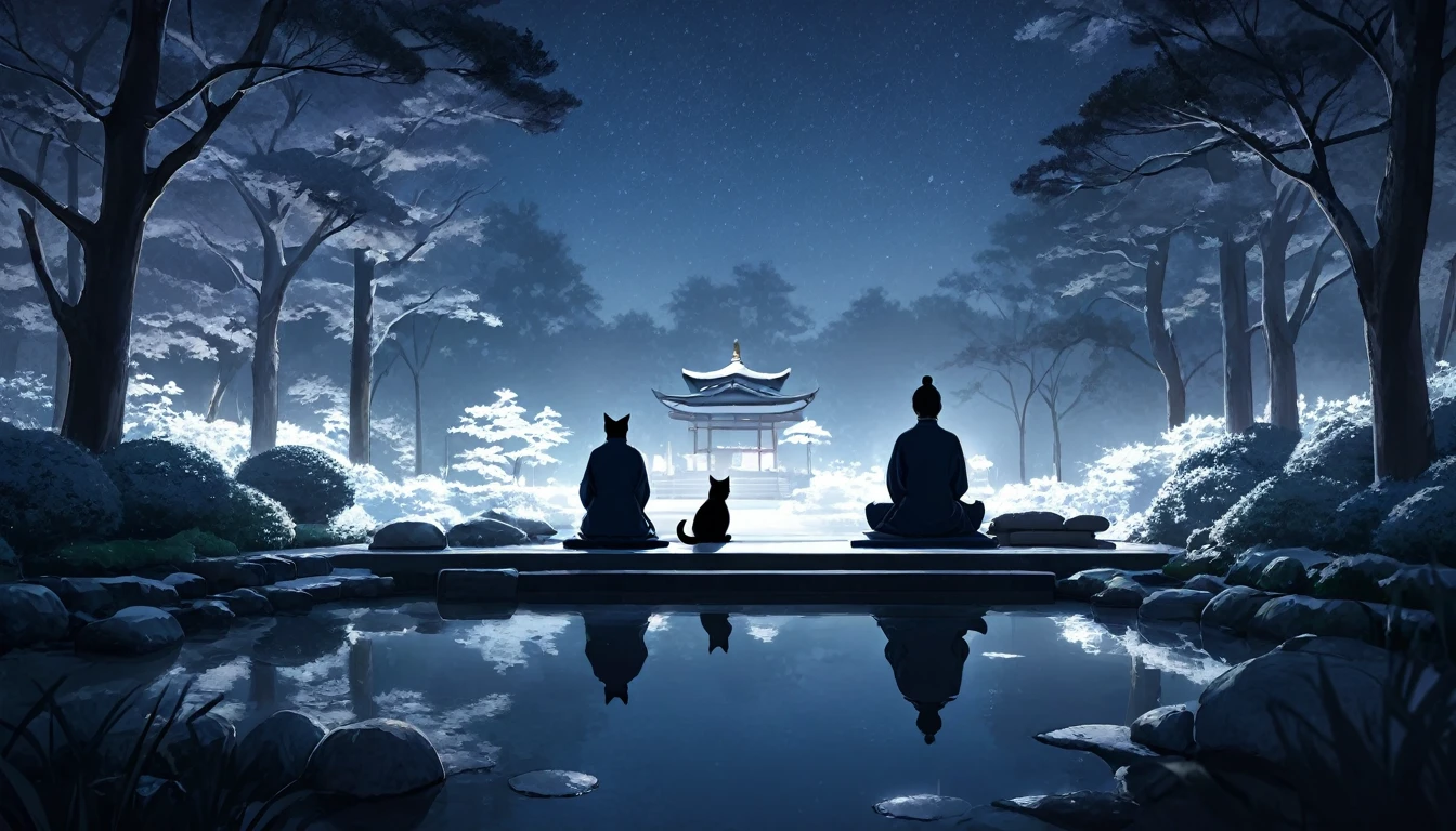 Oriental person meditating surrounded by cats. The setting is a Japanese winter garden, under the moonlight. Beautiful landscape with a winter garden.   night sky. cinematic lighting. Person meditating. meditation 