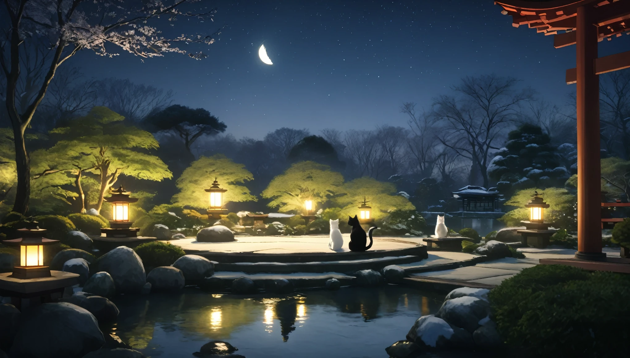 Oriental person meditating surrounded by cats. The setting is a Japanese winter garden, under the moonlight. Beautiful landscape with a winter garden.   night sky. cinematic lighting. Person meditating. meditation 