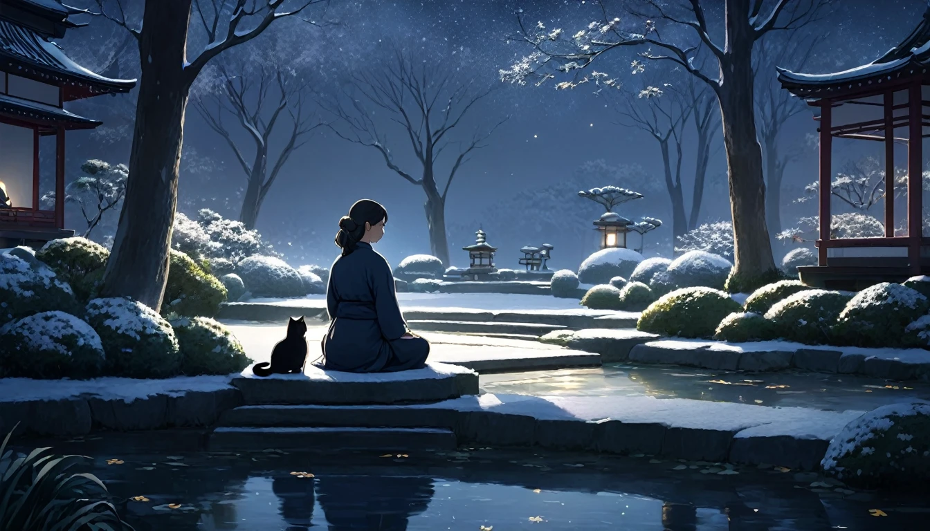 Personne orientale méditant entourée de chats. Le décor est un jardin d&#39;hiver japonais, au clair de lune. Beau paysage avec un jardin d&#39;hiver.   ciel de nuit. Éclairage cinématographique. Personne méditant. méditation 