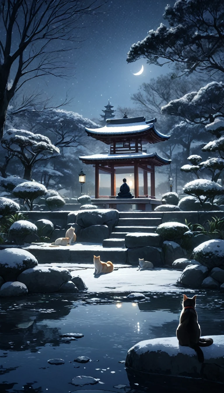 Oriental person meditating surrounded by cats. The setting is a Japanese winter garden, under the moonlight. Beautiful landscape with a winter garden.   night sky. cinematic lighting. Person meditating. meditation 