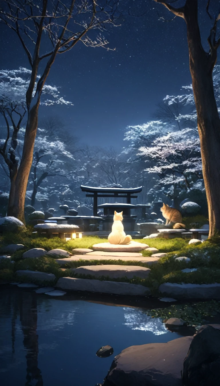 Oriental person meditating surrounded by cats. The setting is a Japanese winter garden, under the moonlight. Beautiful landscape with a winter garden.   night sky. cinematic lighting. Person meditating. meditation 