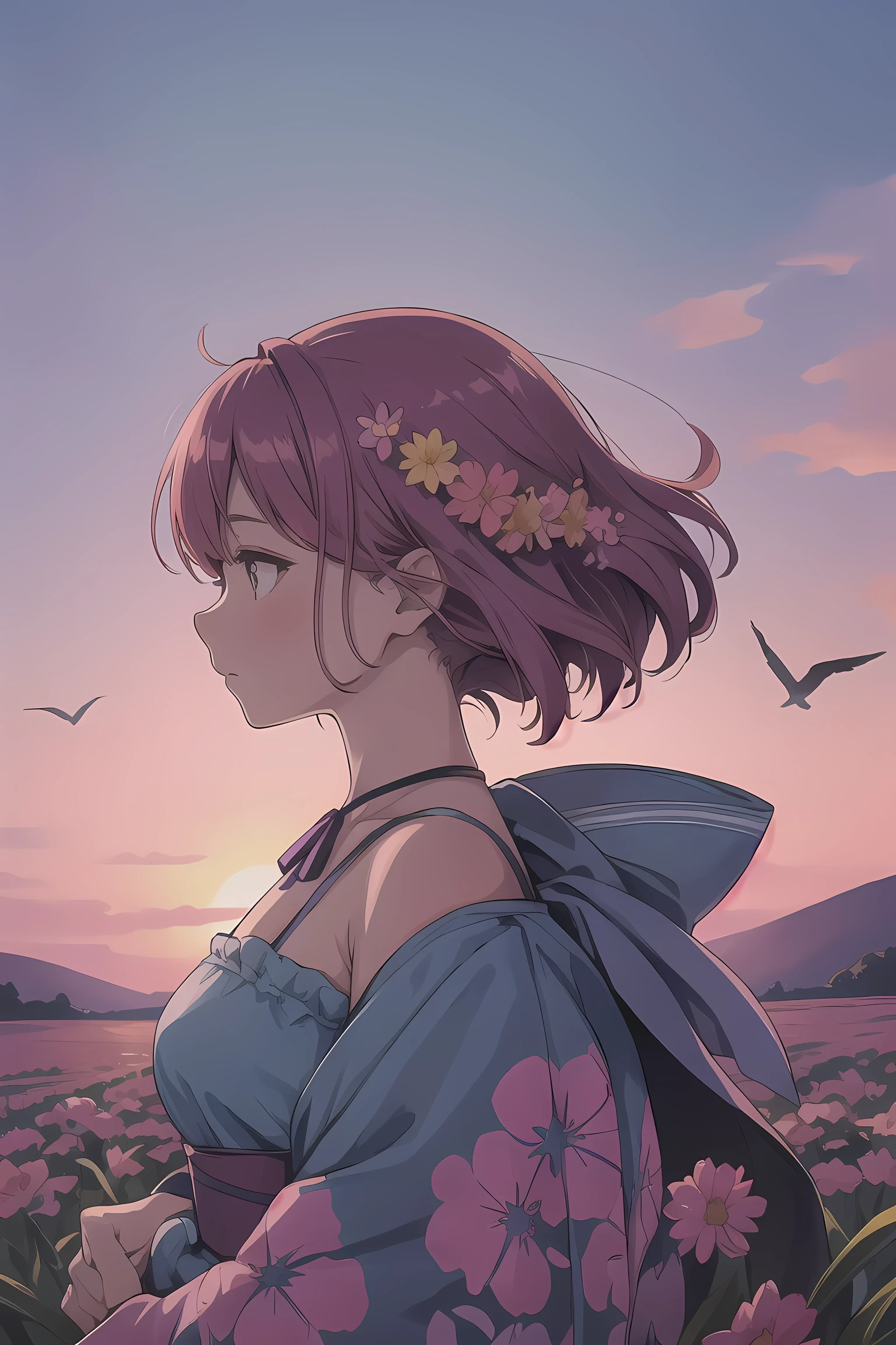 A watercolor painting of a woman's profile. Within her silhouette, there's a vivid landscape depicted. The sky is painted in hues of pink, purple, and blue, with birds flying. A sunset or sunrise is visible, casting a golden hue over a field. The woman's hair is adorned with flowers, and her neck and shoulders are covered in a dense floral pattern. The entire composition gives a sense of unity between nature and humanity.