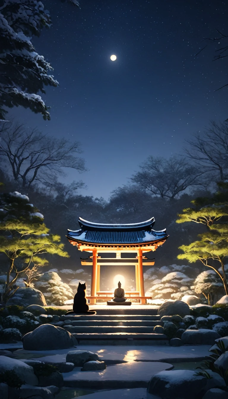 Orientalische Person meditiert umgeben von Katzen. Die Kulisse ist ein japanischer Wintergarten, unter dem Mondlicht. Wunderschöne Landschaft mit Wintergarten.   Nachthimmel. filmische Beleuchtung. Meditierende Person. Meditation 