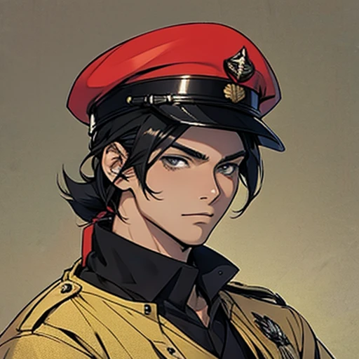 (manga style),young man with black hair ,Soldier hat