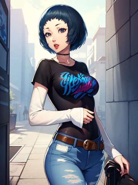 fuukap3, short hair ,glossy lips ,blue hair , 1girl, solo, standing, black t-shirt, white shirt, blue jeans, belt, lipstick, lar...