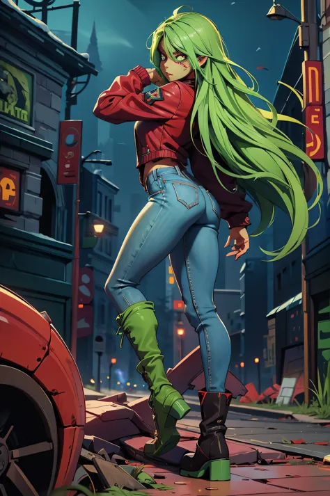  female full zombie. green skin, zombie skin, vivid, full body, flesh falling off, night background city blood, gore, jeans, , b...