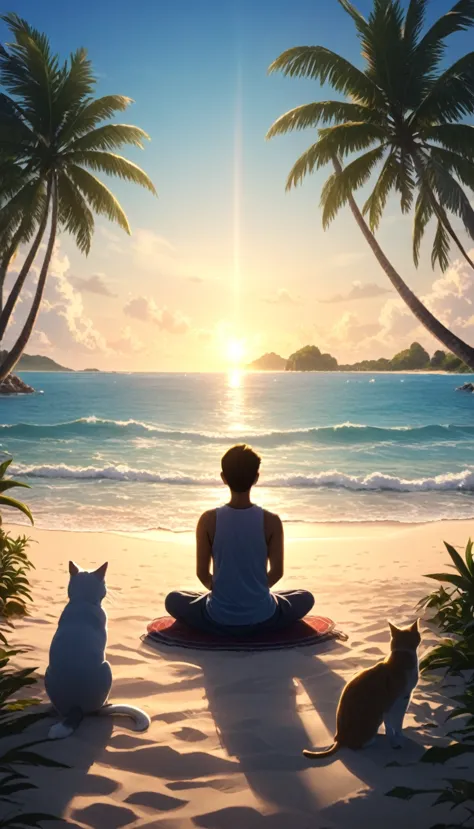 Pessoa ocidental meditando cercada de gatos. The setting is a tropical island. Belo landscape com praia em um dia ensolarado. ci...