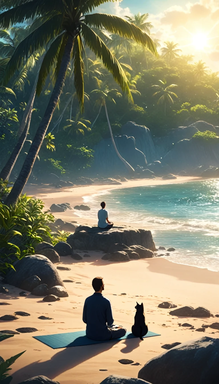 Western person meditating surrounded by cats. The setting is a tropical island. Beautiful landscape with beach on a sunny day. cinematic lighting. Person meditating. meditation. ultra HD