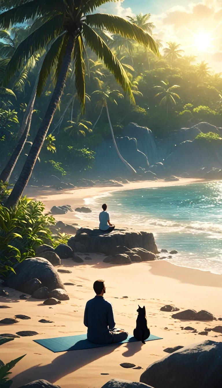 Personne occidentale méditant entourée de chats. Le décor est une île tropicale. Beau paysage avec plage par une journée ensoleillée. Éclairage cinématographique. Personne méditant. méditation. Ultra HD