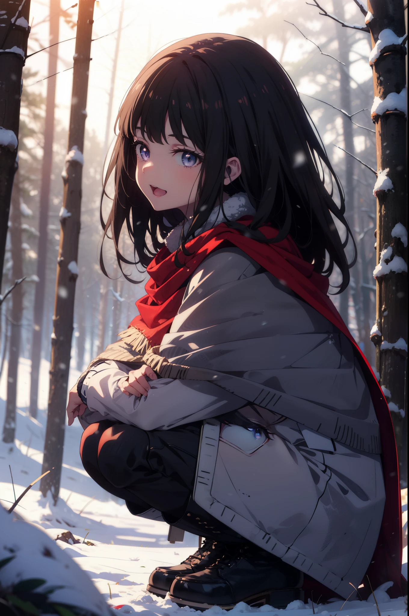 Takiuchi, Inoue Check, Long Hair, bangs, Black Hair, (Purple eyes:1.2),smile,
Open your mouth,snow, fire, Outdoor, boots, snowing, From the side, wood, suitcase, Cape, Blurred, forest,  nature, Squat,  Cape, winter, Written boundary depth, Black shoes, red Cape break looking at viewer, Upper Body, whole body, break Outdoor, forest, nature, break (masterpiece:1.2), highest quality, High resolution, unity 8k wallpaper, (shape:0.8), (Beautiful and beautiful eyes:1.6), Highly detailed face, Perfect lighting, Highly detailed CG, (Perfect hands, Perfect Anatomy),
